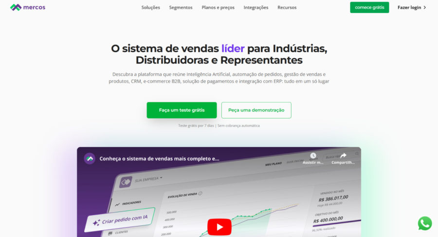 Plataforma de vendas da Mercos com indicadores comerciais, evolução de vendas e recurso de inteligência artificial para criação de pedidos.