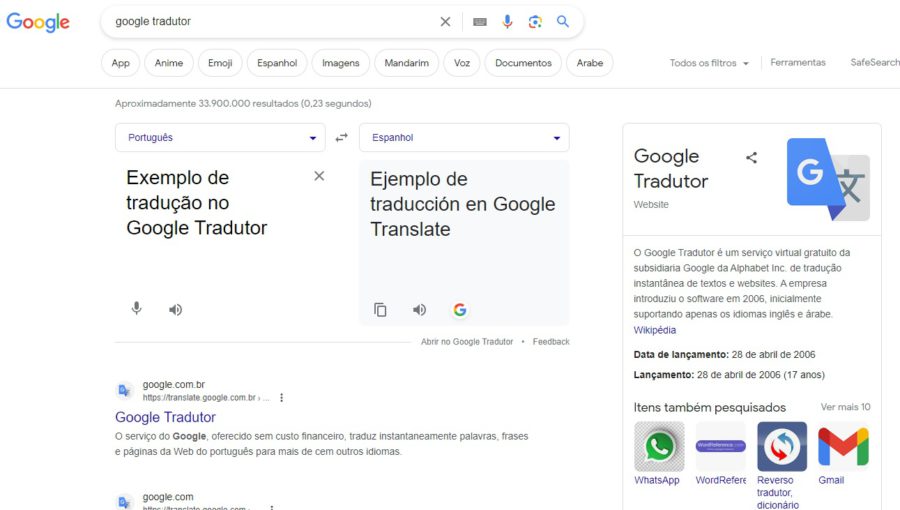 google tradutor, também conhecido como google translate - tela demonstrativa