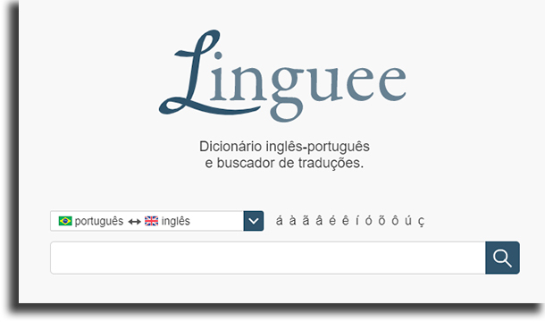 linguee dicionario, exemplo de tela da ferramenta de idioma