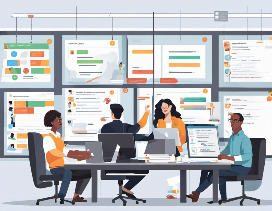 Ilustração de pessoas em uma mesa de reunião, em meio a um cenário de tarefas, representando o tema Workflow e integração low code