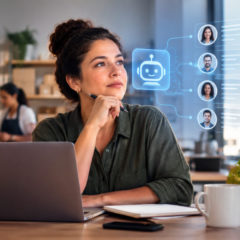 Robô com inteligência artificial apresenta análises digitais a profissionais durante uma reunião em uma sala corporativa.