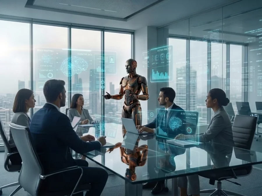 A IA no RH de pequenas empresas utilizando inteligência artificial para analisar perfis de candidatos em uma interface digital.